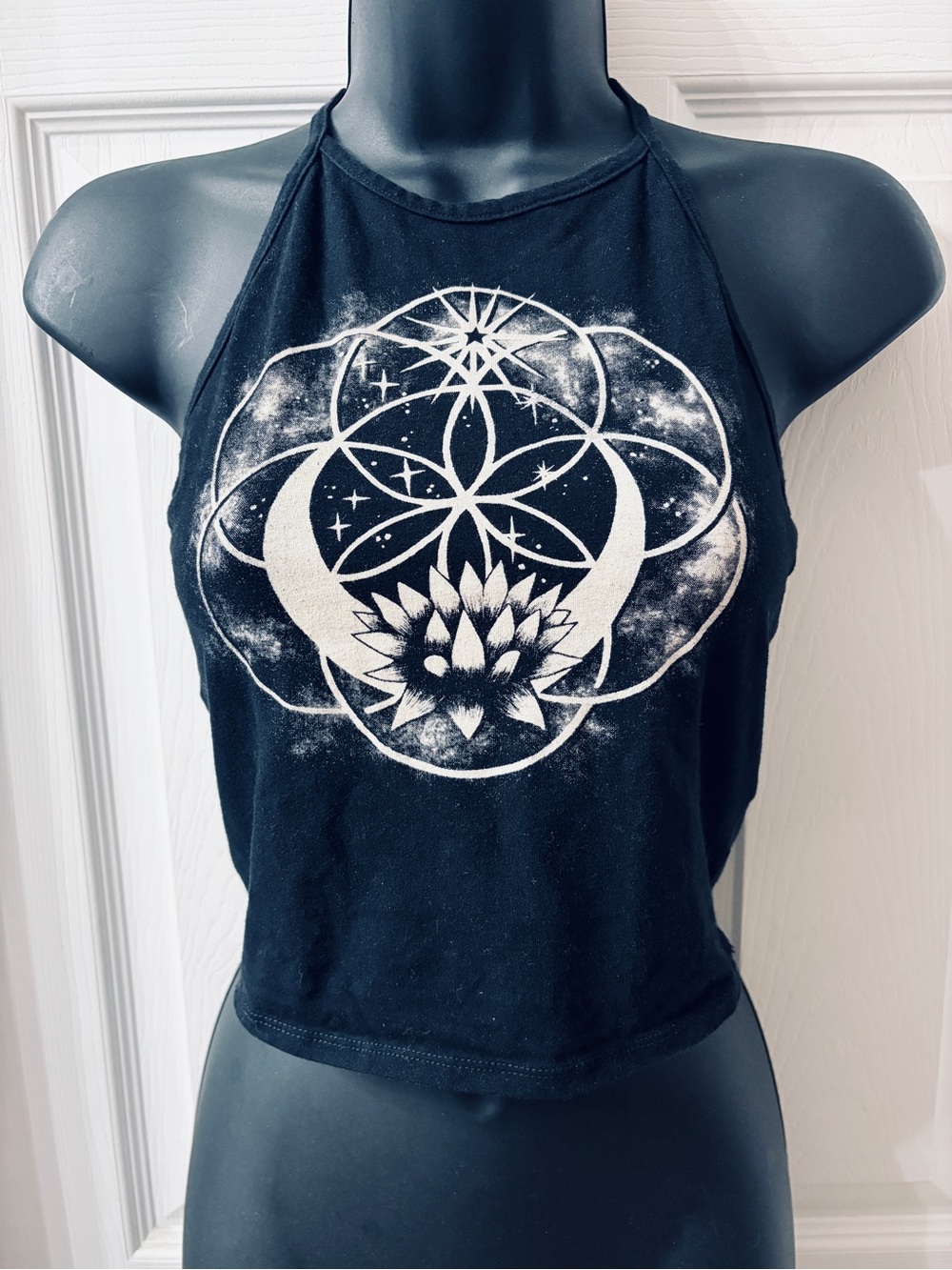 La Hearts Vintage Black Halter Crop Top with White Lotus & Celestial Graphic